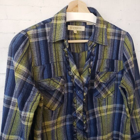 Stetson Western Flannel Dress Size M Green Blue Plaid Long Sleeve Rodeo Festival - Picture 4 of 8